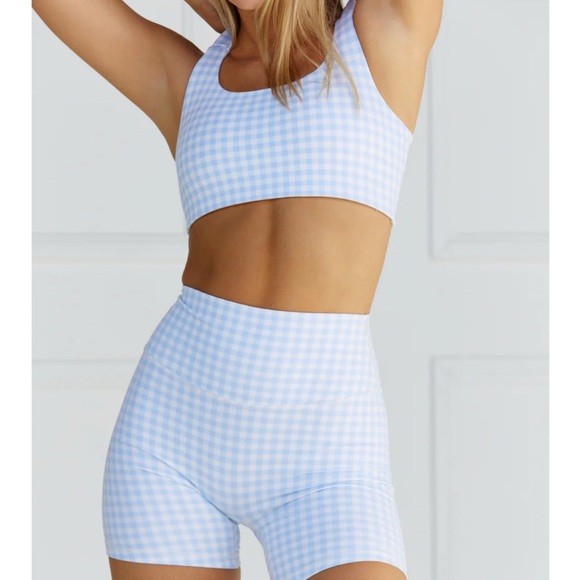 Blue and White Gingham Sports Bra and Shorts Set - ASTORIA ACTIVEWEAR - Picture 1 of 2